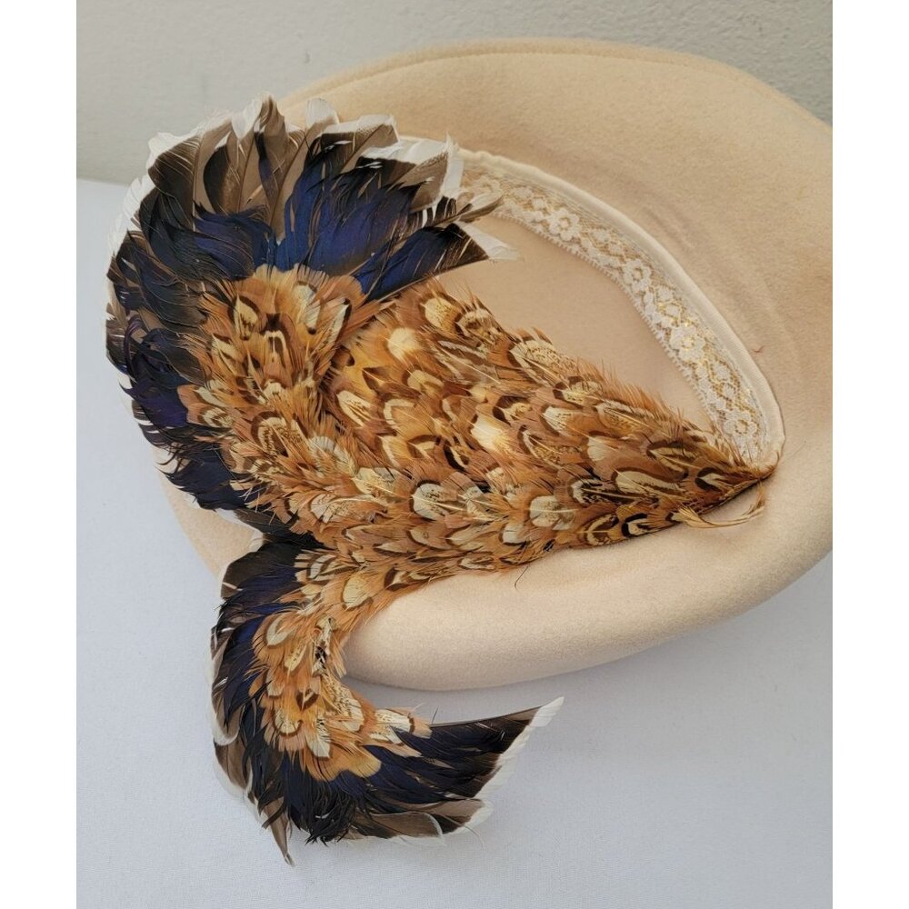 Vintage Cream Wool Derby Hat w/ Feather Embellishments By Jack McConnell  21" - Picture 5 of 6